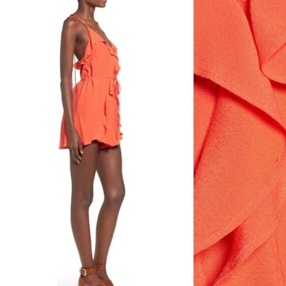 ASTR Waist Tie Flutter Romper Coral Red Orange Sleeveless Strappy Boho Ruffle XS - Picture 5 of 10